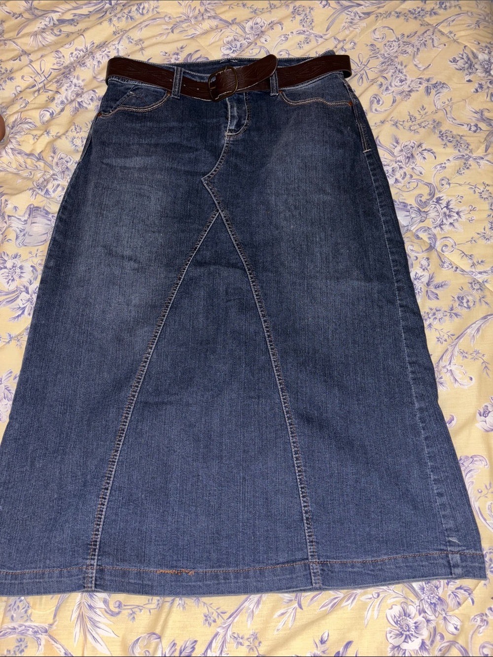 Passport Dark Blue Denim Midi Skirt with Belt